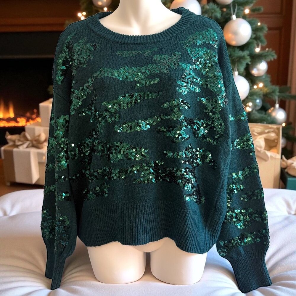 Nine West Forest Green Sequin Sweater | Holiday Glam | Size M